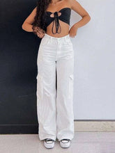 Women's Solid Color Front Button Pocket Elastic Waist Y2K Streetwear Casual Cargo Pants